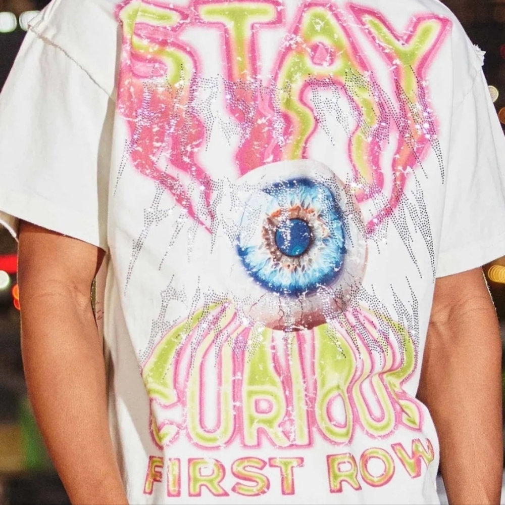 Stay Curious Eyeball Tee, Pink, Yellow & Blue W/Stone Detail, Size L Will Fit XL